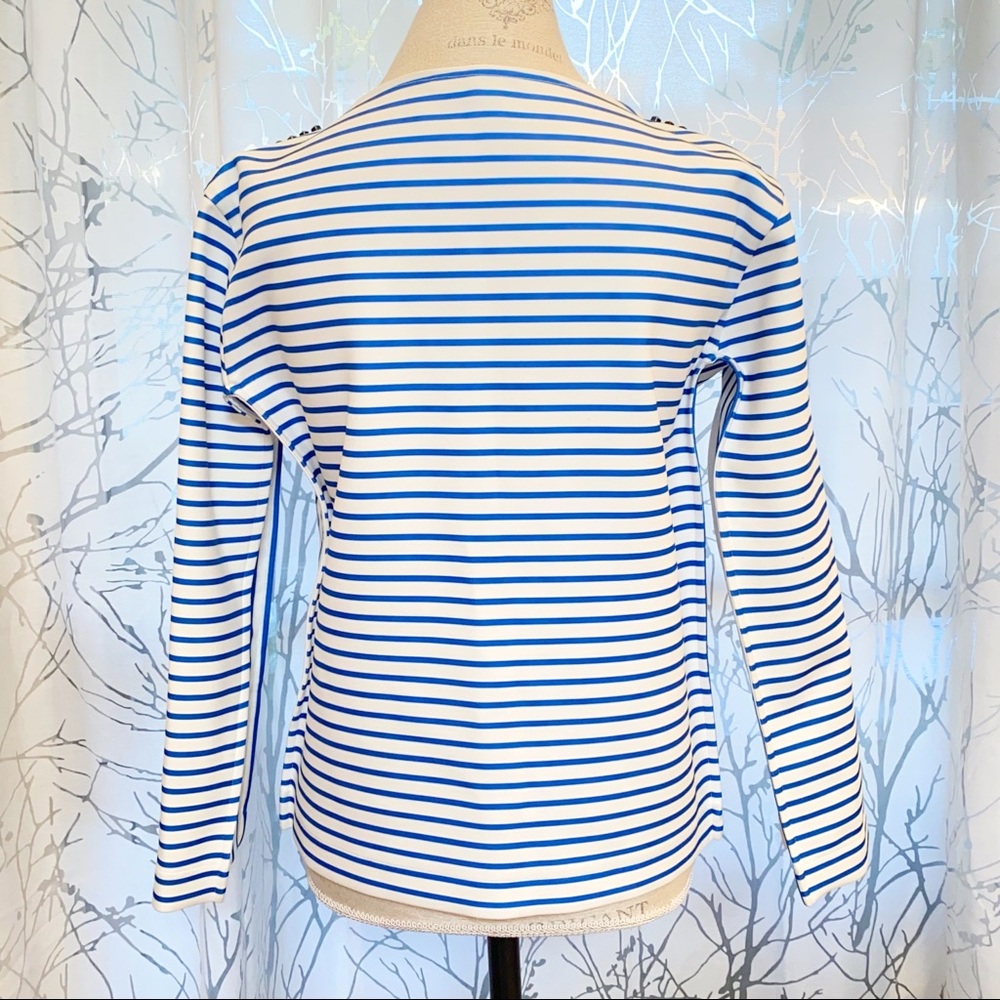Maje white blue stripe rhinestone row shoulder detail long sleeve sweater top - Picture 8 of 14